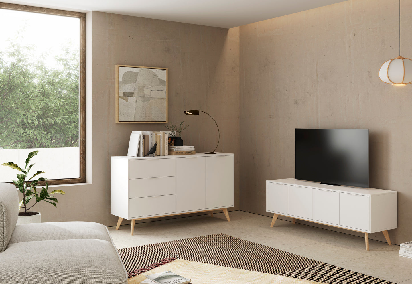 Mueble TV modelo Style con puertas, color blanco - 140cm